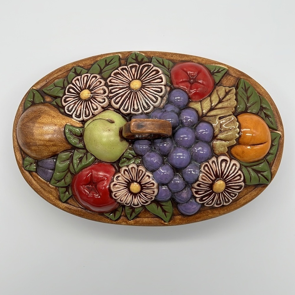 Vintage 1974 ColorfulFruit Basket Painted Ceramic Serving Dish with Lid - Picture 2 of 16